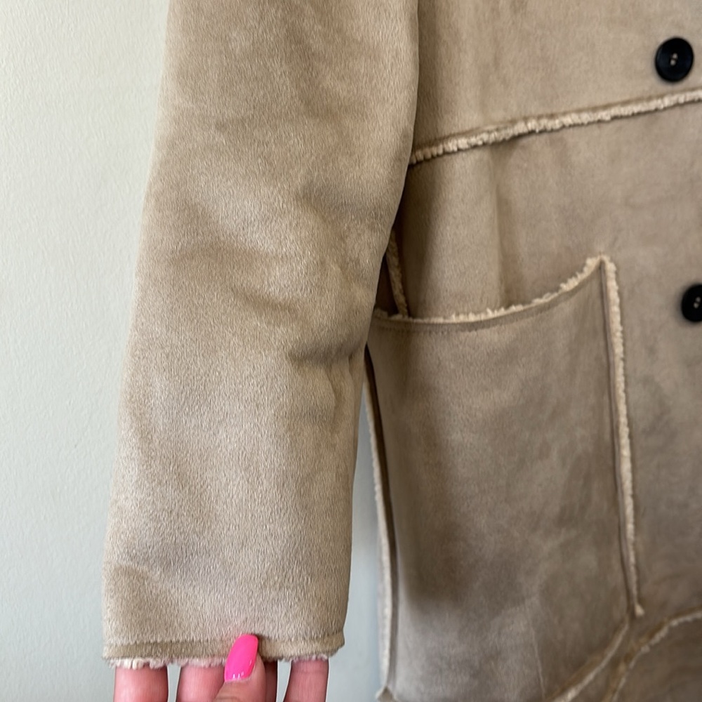 ZARA Contrasting Fleece Suede Long Coat Size Large - Picture 6 of 14